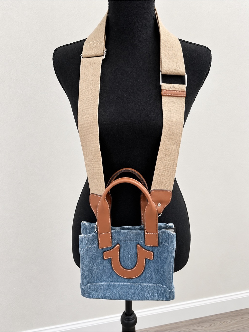 True Religion Blue Denim Messenger with Tan Leather Accents